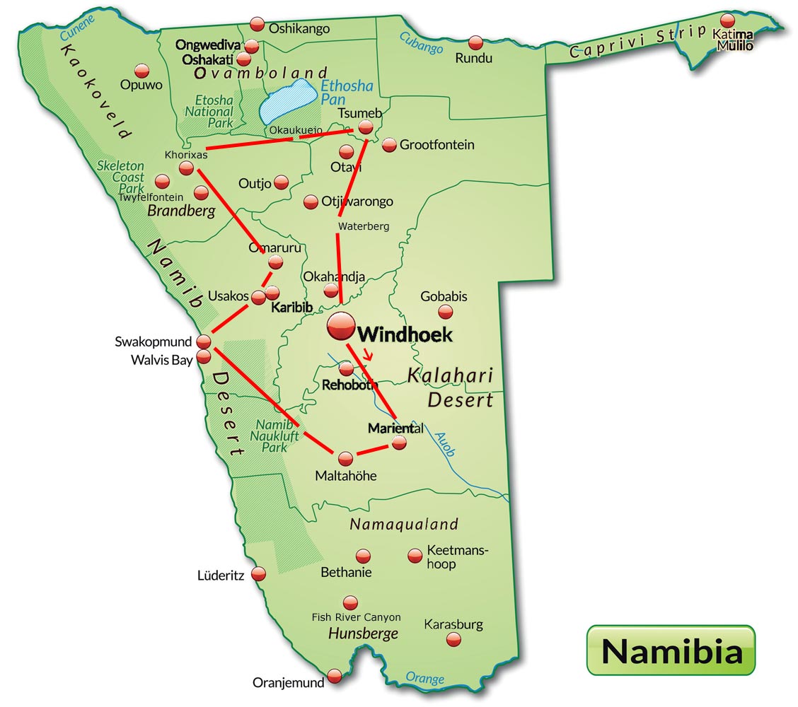 Route Map: 19-TÄGIGE NAMIBIA SELBSTFAHRER-TOUR AUF AUTHENTISCHEN GÄSTEFARMEN